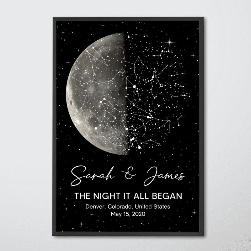 The Night It All Began Custom Moon Phase & Star Map - Personalized Poster - Gift For Couple
