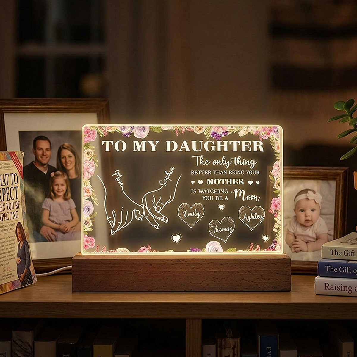 To My Daughter Mom And Daughter Holding Hands Custom Kids Names - Personalized Acrylic Block LED Night Light - Mother's Day Gift For Daughter