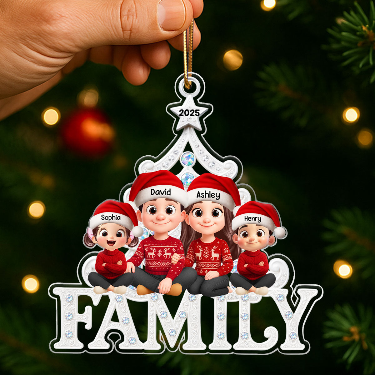 Family Sitting Metallic Mix Crystal Effect - Personalized Acrylic Ornament - Christmas Gift for Family