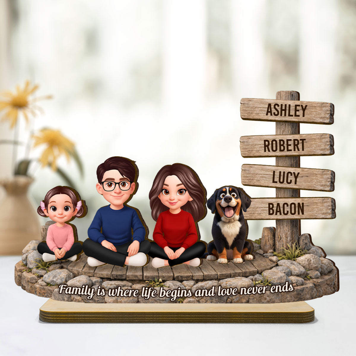 Family Is Where Love Never Ends Sign Post - Personalized 2-Layered Wooden Plaque - Heartfelt Gift For Mom, Dad