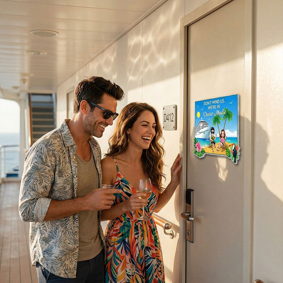 We're In Cruise Mode Doll Couple Sitting On The Beach - Personalized Cruise Ship Door Magnet