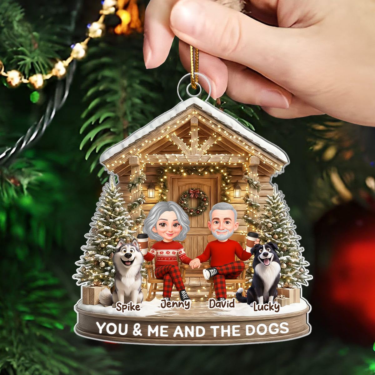 Couple And The Dogs Front Porch - Personalized Acrylic Ornament - Christmas Gift for him, for her