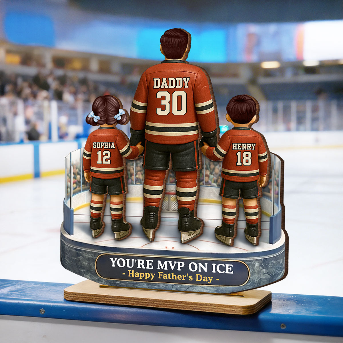 Hockey Dad And Kids On The Ice - Personalized 2-Layered Wooden Plaque - Gift For Hockey Dad, Gift For Husband