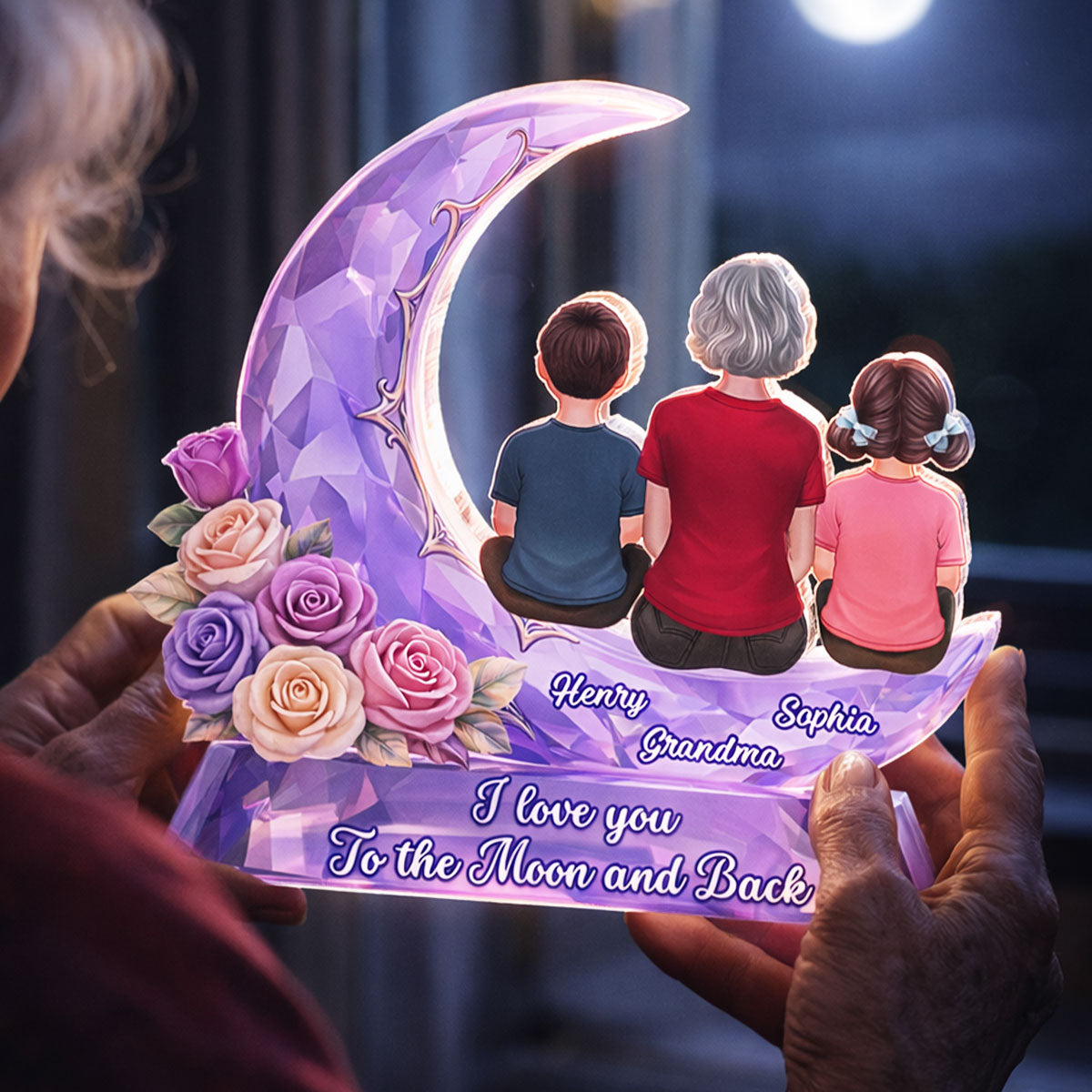 Grandma Grandkids Rose Moon I Love You To The Moon - Personalized Acrylic Block Plaque - Heartfelt Gift For Mom, Grandma