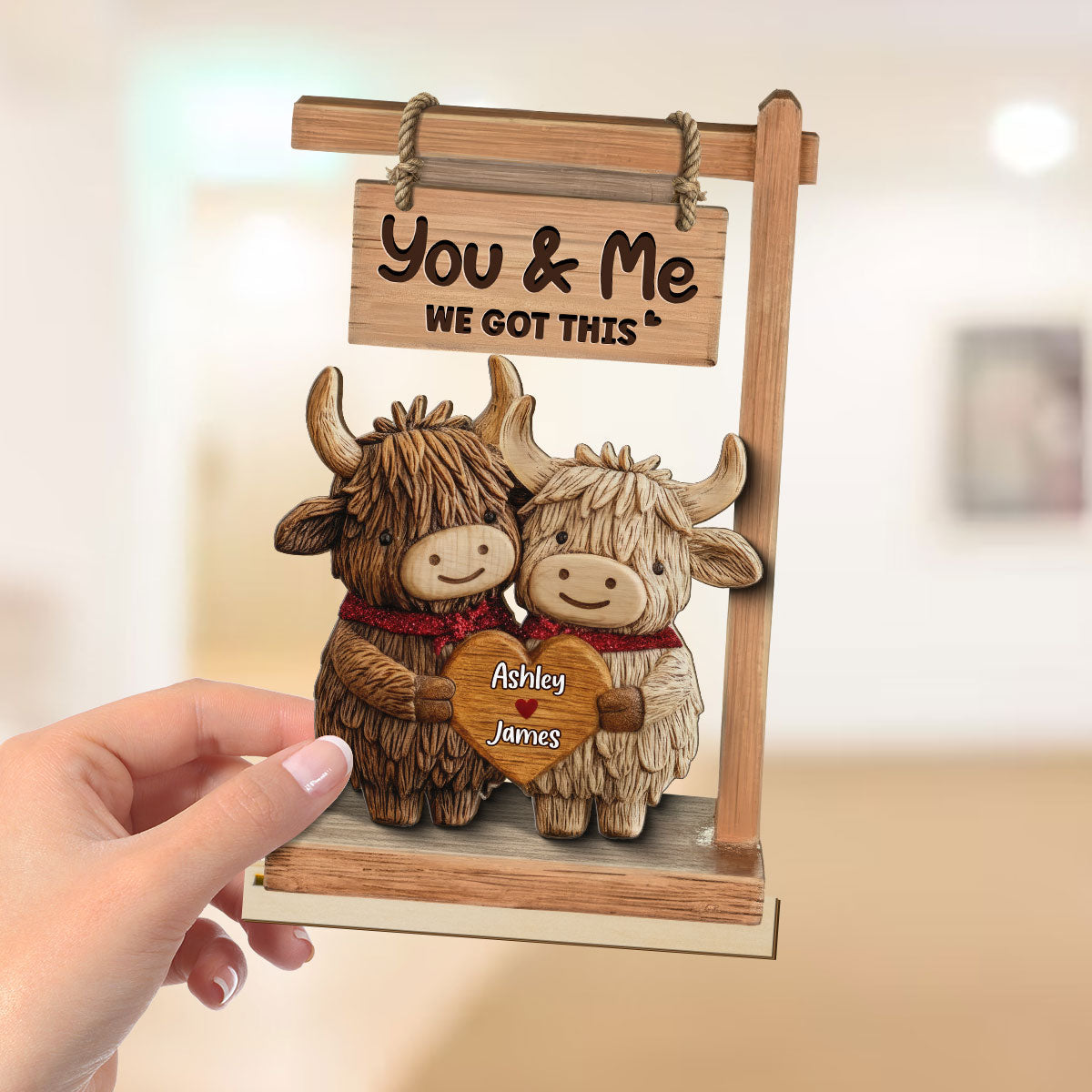 3D Effect Highland Cows Couple - Personalized 2-Layered Wooden Plaque - Perfect Valentine's Day Gift For Him, Gift For Her
