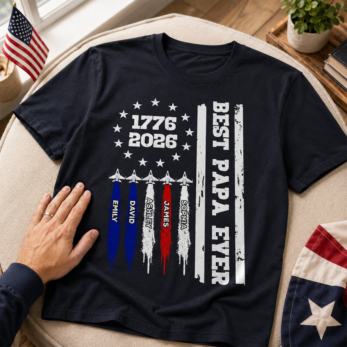 Best Dad Grandpa Ever Jets Smoke Custom Kid Name - Personalized Shirt - American 250th Anniversary Keepsake For Husband, Dad, Grandpa