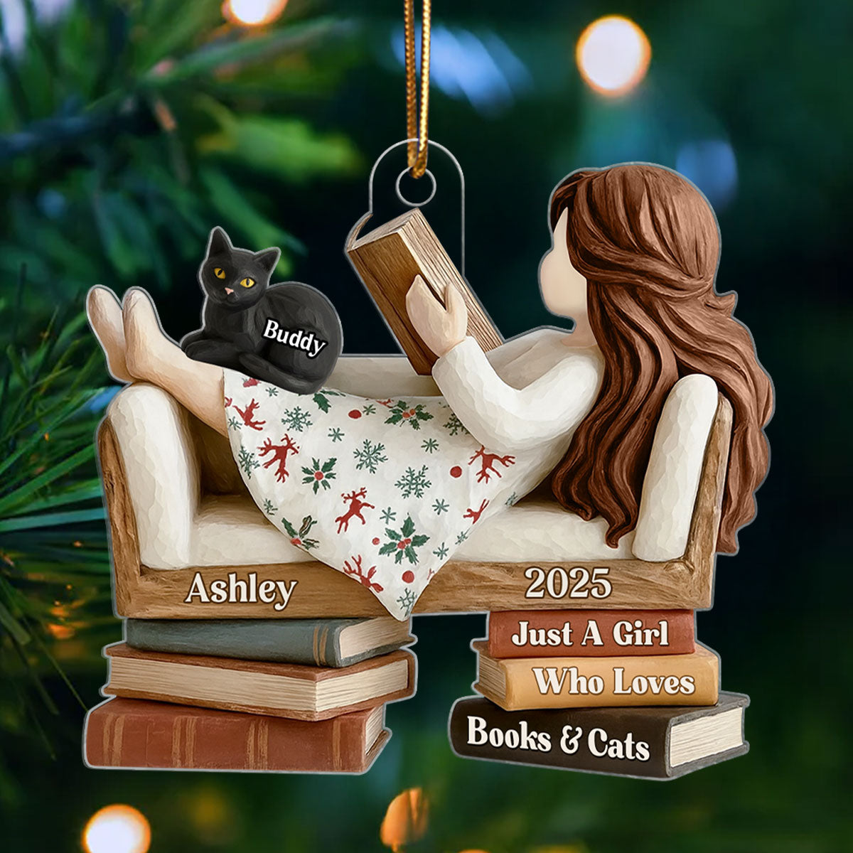 Just a Girl Who Loves Books & Cats - Personalized Acrylic Ornament - Christmas Gift for Cat Moms, Bookworms