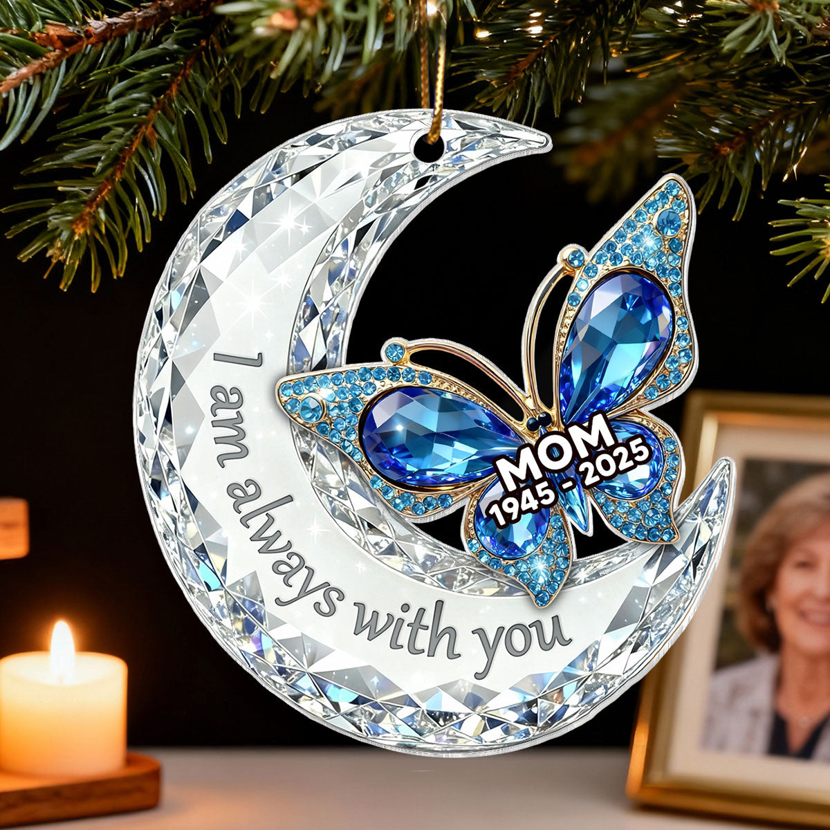 3D Effect Flat Christmas Butterfly Moon Memorial - Personalized Acrylic Ornament - Remembrance Gift, Sympathy Gift