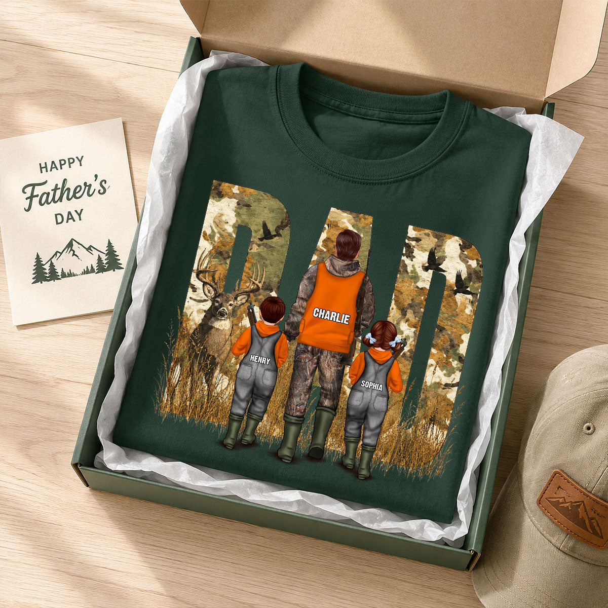 Hunting Dad & Children - Personalized Shirt - Outdoor Father's Day Gift for Dad, Husband