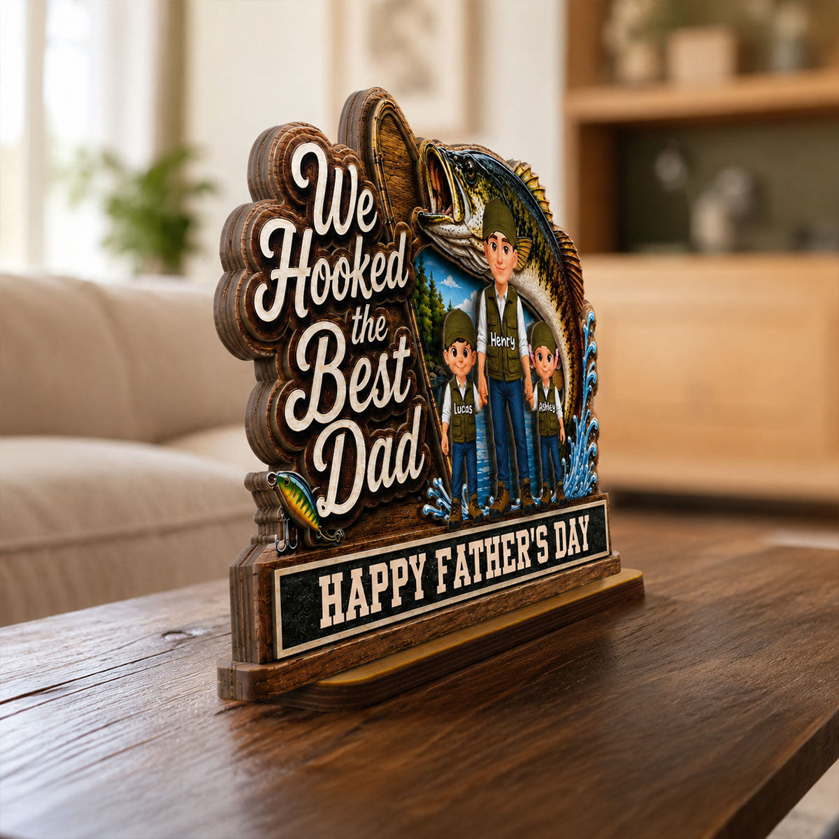 We Hooked The Best Dad Fishing Man & Kids 2D Flat - Personalized 2-Layered Wooden Plaque -  Gift For Fishing Dad