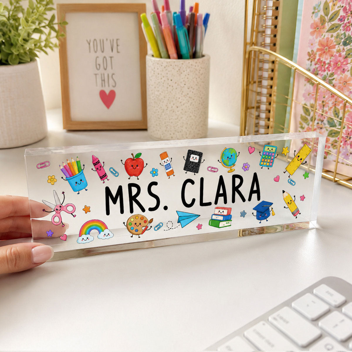 Teacher Name Cute School Supplies - Personalized Acrylic Desk Name Plate, Back To School Gift For Teacher, Office Decor