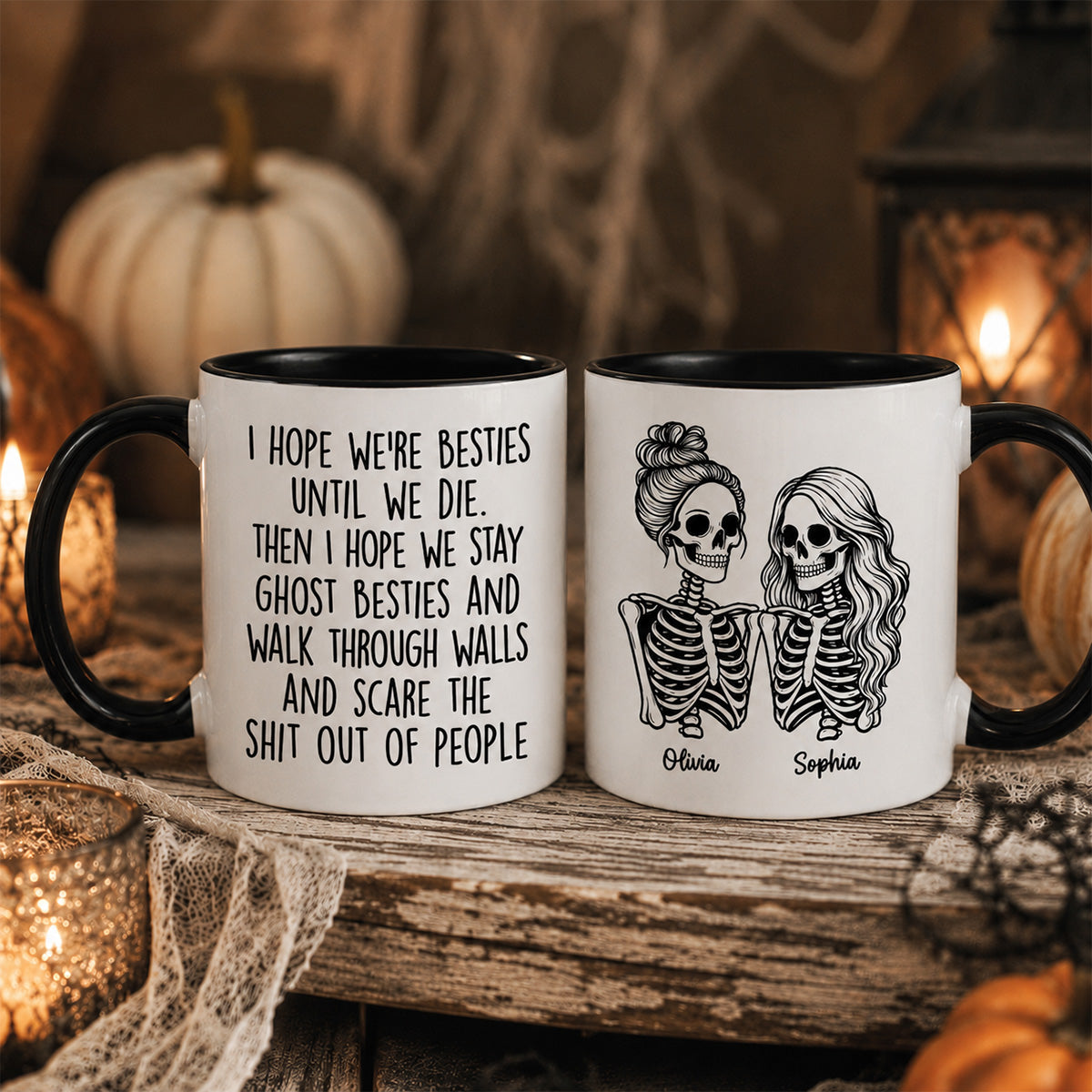 Besties Until We Die Skeleton Besties - Personalized Mug - Funny Work Bestie Gift, Halloween Keepsake For Best Friends