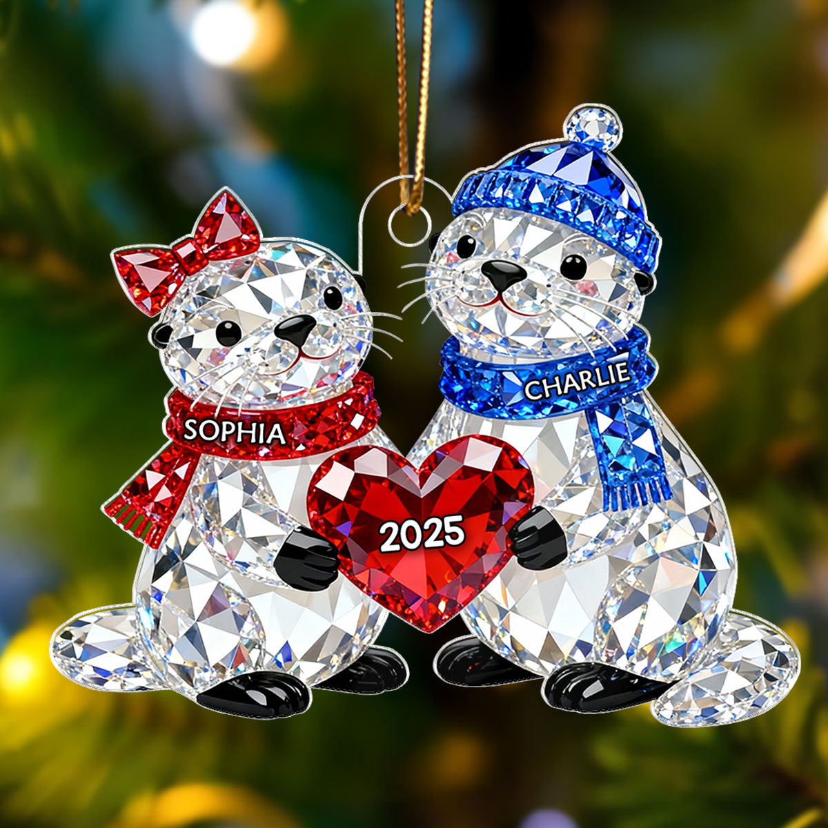 3D Crystal Effect Christmas Otter Couple - Personalized Acrylic Ornament - Heartwarming Christmas Gift for Couple