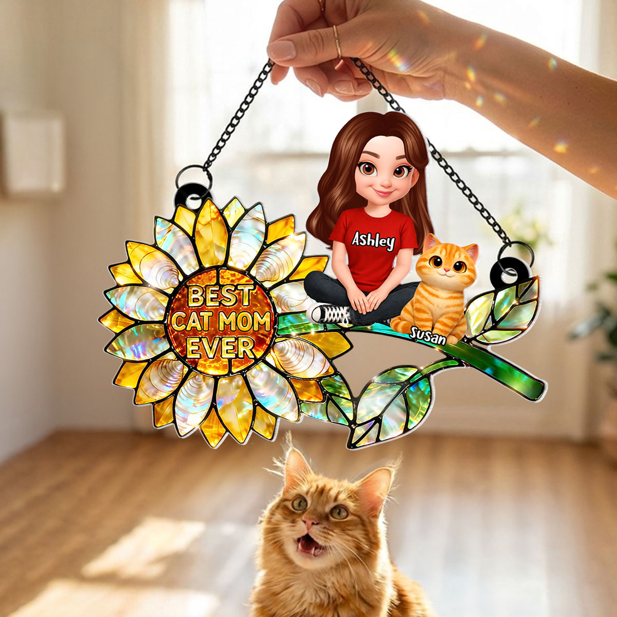 Sunflower Cat Mom and Cats Sitting - Personalized Window Hanging Suncatcher - Mother's Day Gift for Mom, Wife