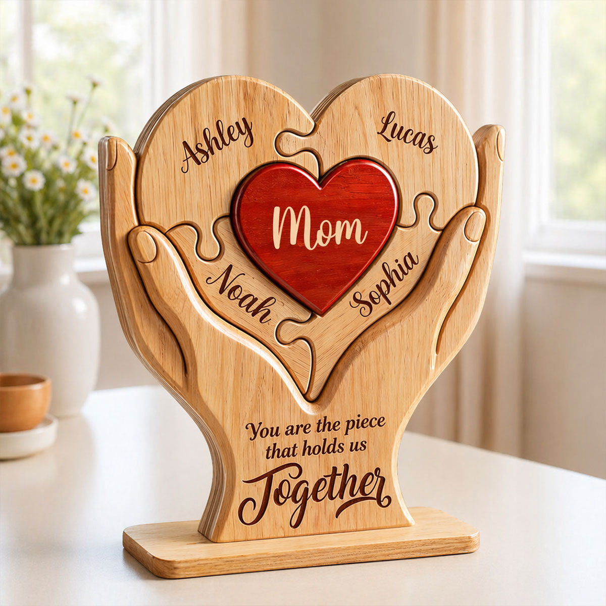 Mom The Piece That Holds Us Together - Personalized 2-Layered Wooden Plaque - Mother's Day Gift for Mom, Wife