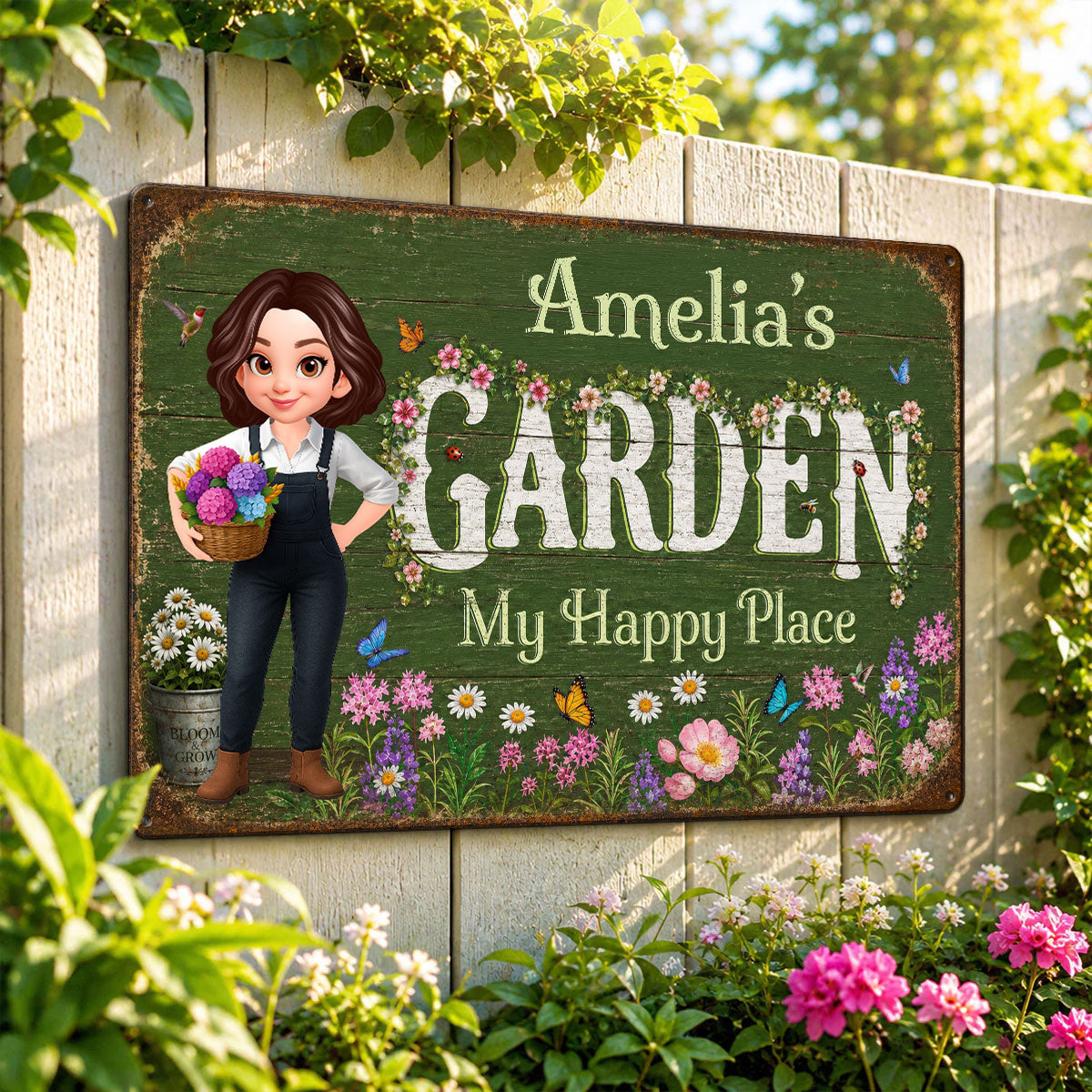 My Happy Place Flower Garden - Personalized Metal Sign - Gift for Her