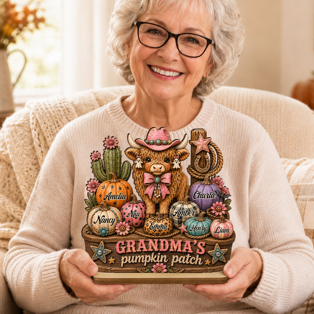 Grandma's Pumpkin Patch Western Vibe - Personalized 2-Layered Wooden Plaque - Cozy Fall Decor for Grandma