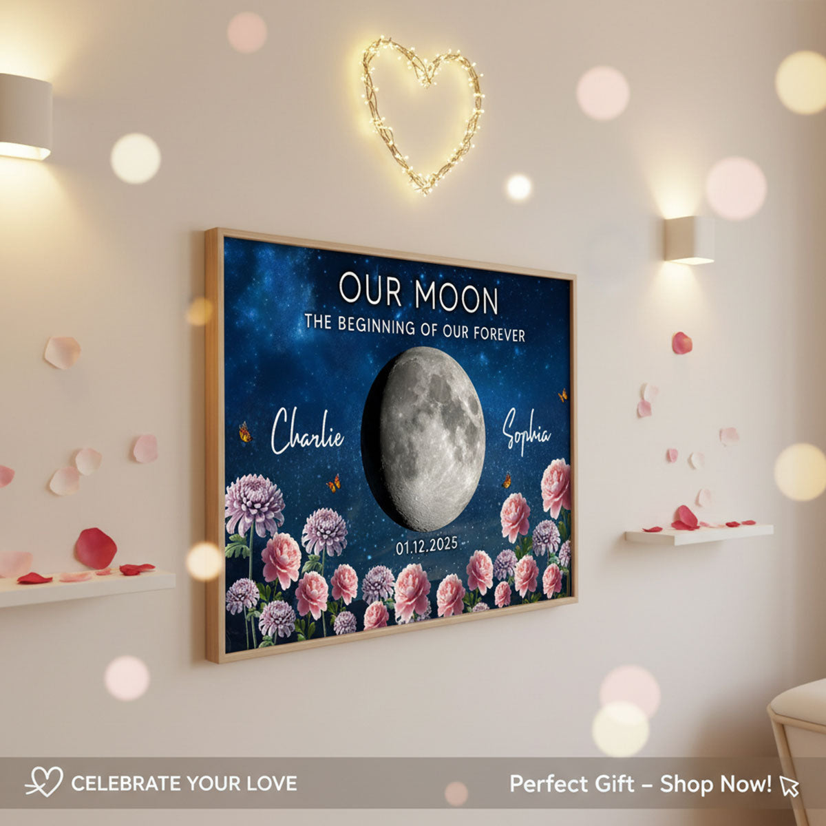 Couple Custom Moon Phase Anniversary Date Birth Month Flowers - Personalized Poster - Valentine's Day Gift For Couple