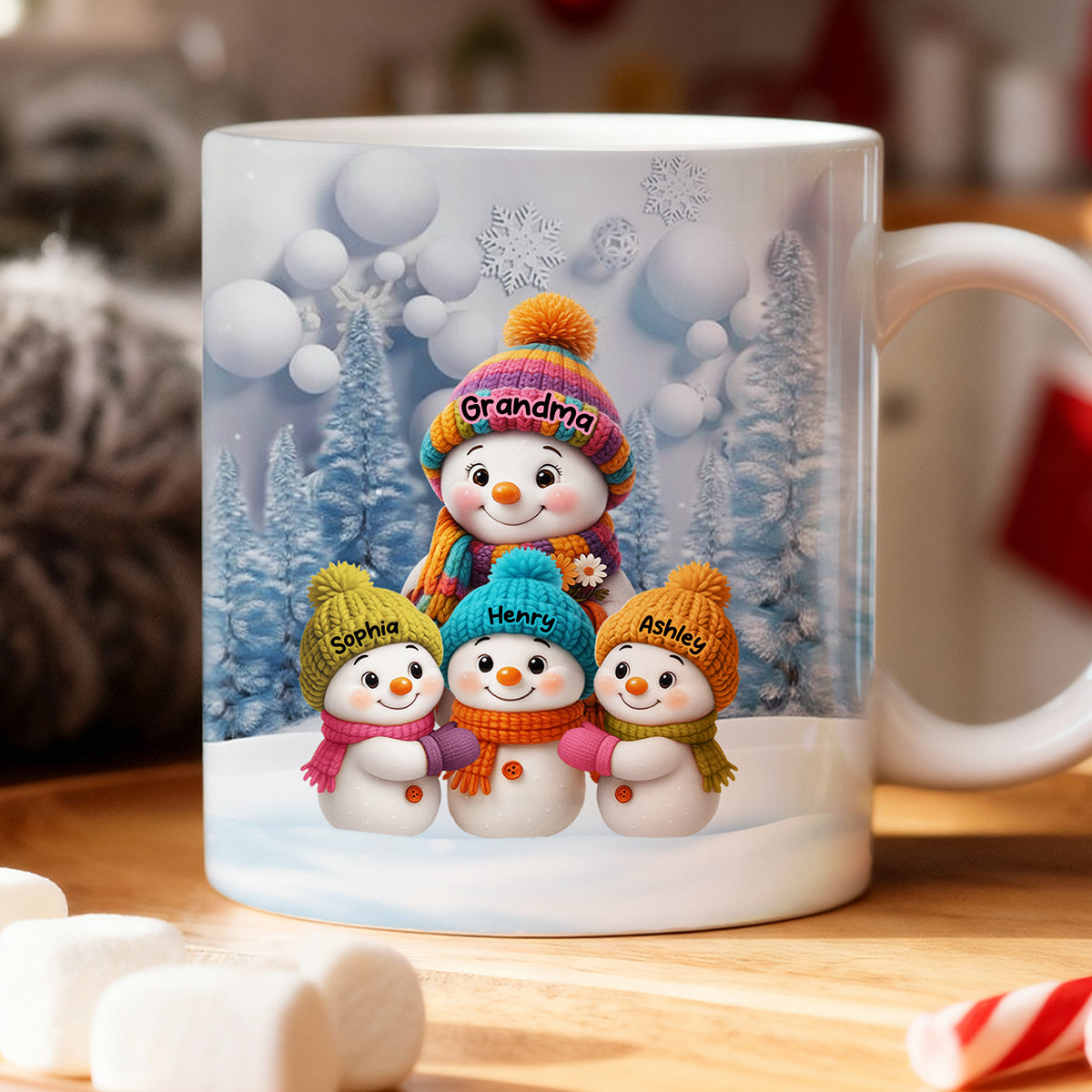 Christmas Blue Vibe Snowman Grandma Grandpa & Grandkids - Personalized Mug - Christmas Gift for Grandma Grandpa