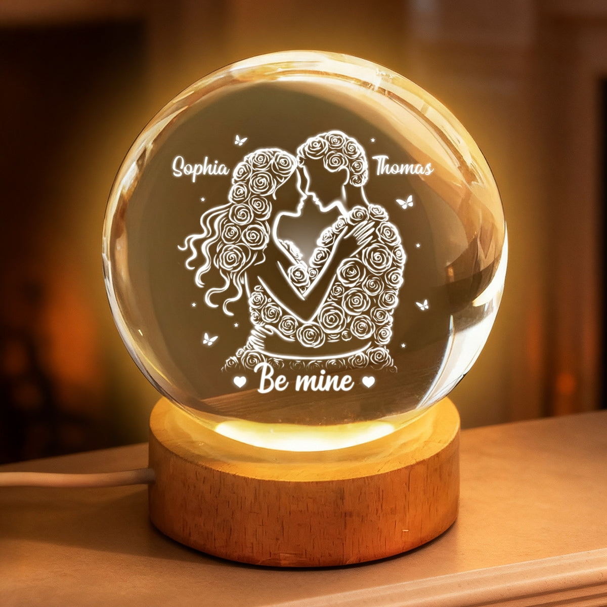 Couple Romantic Roses Love - Personalized Crystal Ball LED Night Light - Sentimental Valentine's Day Gift for Her, for Him