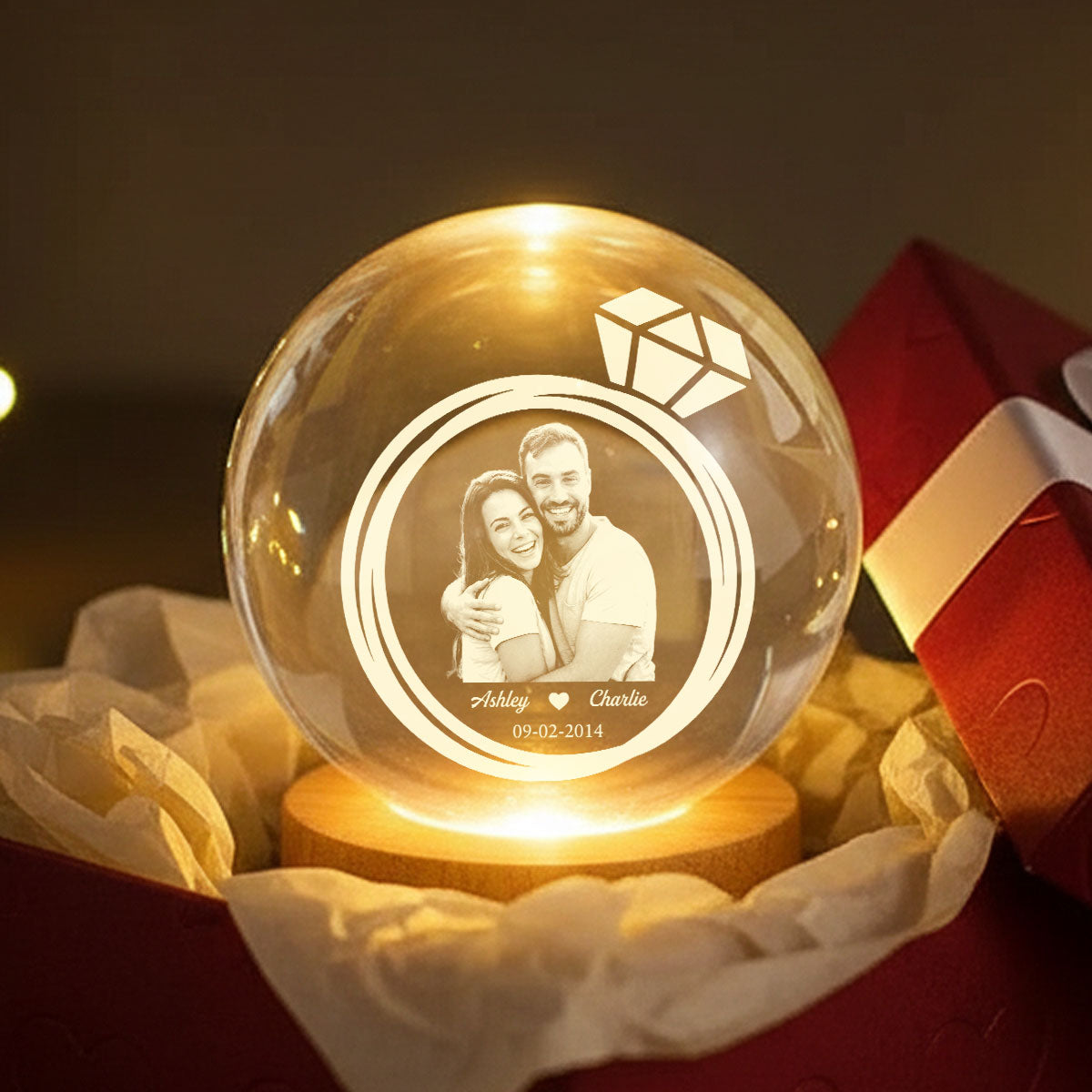 Eternal Love Custom Couple Photo Inside Ring - Personalized Crystal Ball LED Night Light - Valentine's Day Gift For Couple, For Her, For Him