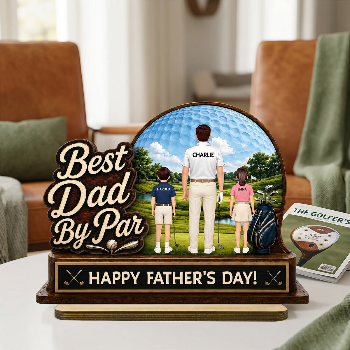 Best Dad By Par Custom Man & Kids Back View - Personalized 2-Layered Wooden Plaque -  Gift For Golf Dad