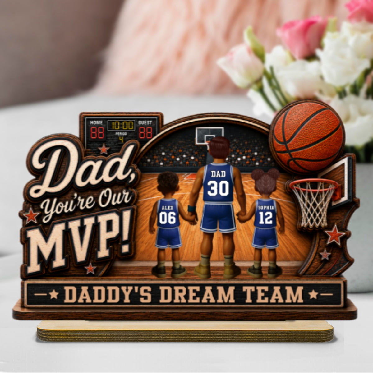Dad You Are Our MVP Standing Basketball Man & Kids 2D Flat - Personalized 2-Layered Wooden Plaque -  Gift For Basketball Dad