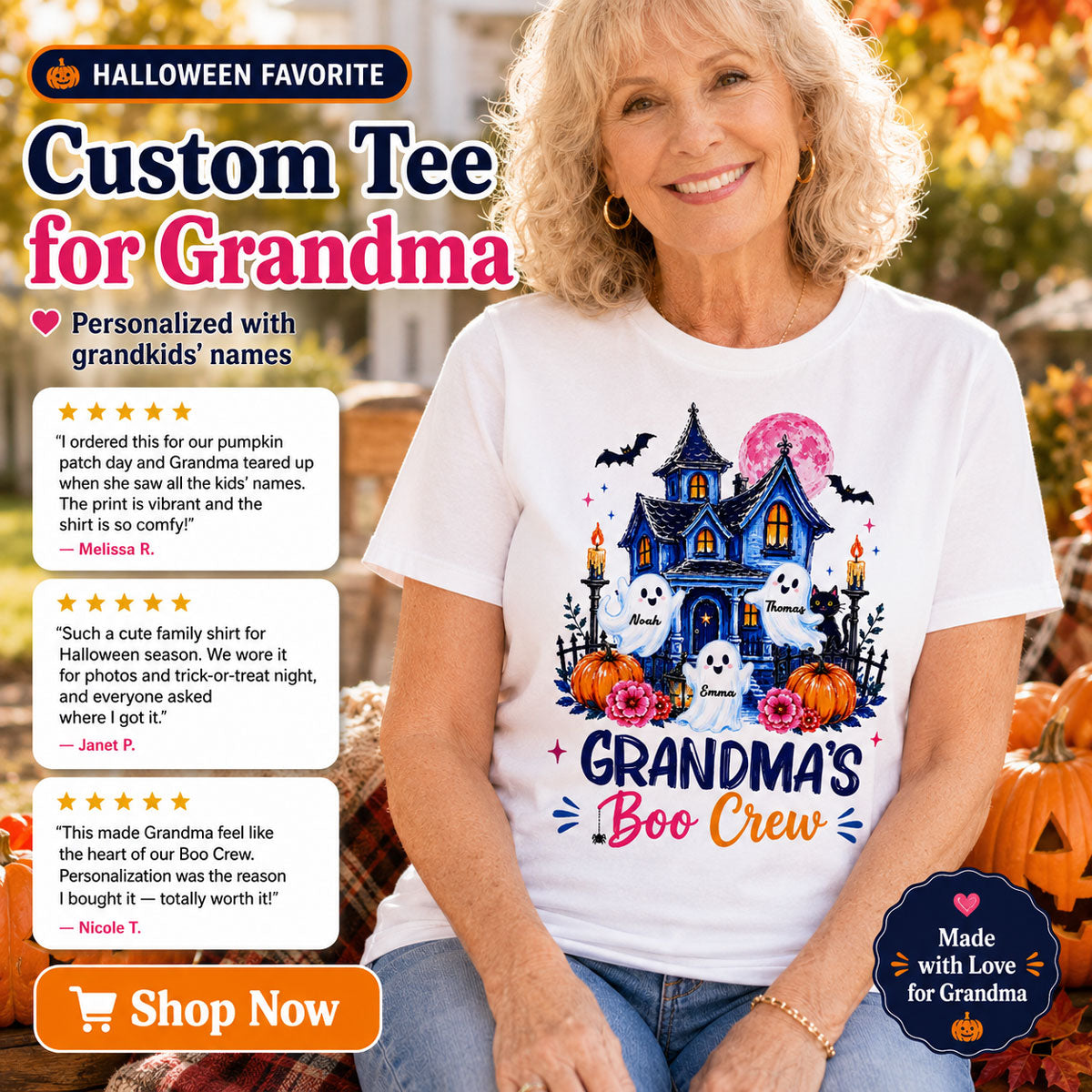 Grandma's Boo Crew Trendy Haunted House - Personalized Shirt - Halloween Shirt for Grandma