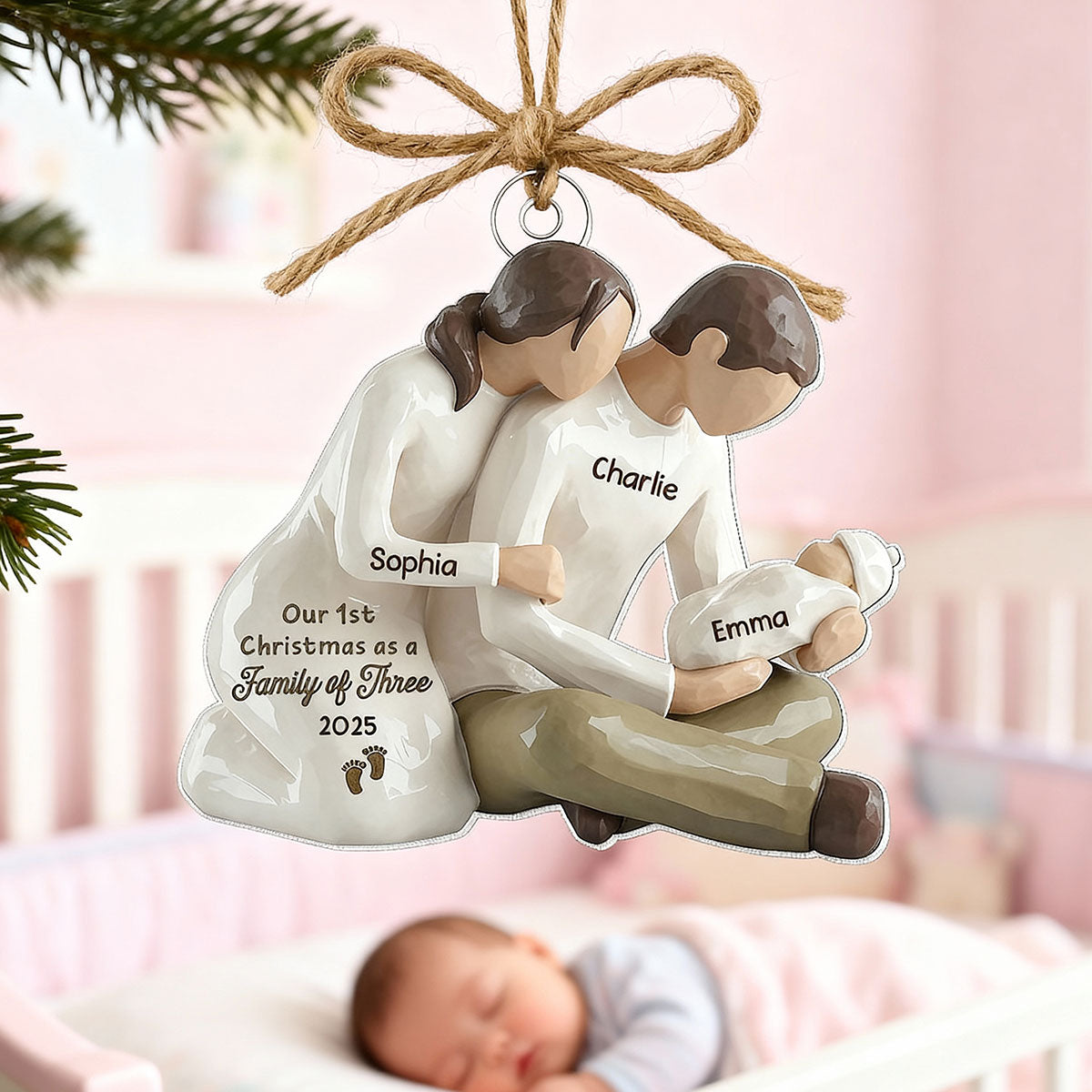 3D Effect First Christmas As Family Of Three Mom Dad Holding Baby - Personalized Acrylic Car Hanger
