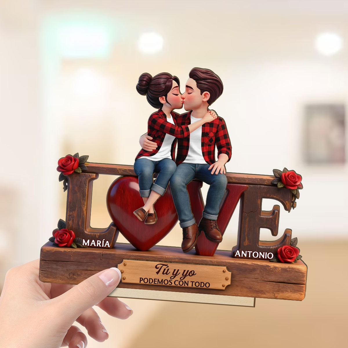 Roses LOVE Spanish Couple Sitting Kissing - Personalized 2-Layered Wooden Plaque - Heartfelt Gift For Couple