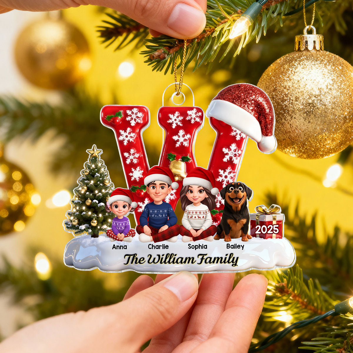 3D Effect Christmas Festive Family Name Initial Beautiful Family Together - Personalized Acrylic Ornament - Gift For Family
