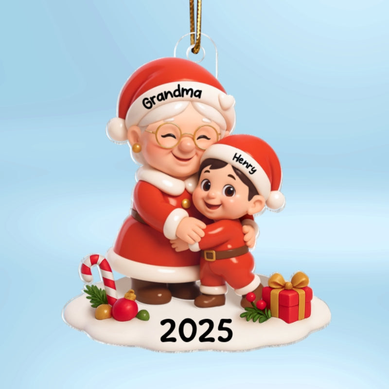 Santa Grandma Hugging Grandkid 3D Effect Personalized Acrylic Ornament, Christmas Gift for Grandson, Granddaughter, Grandma