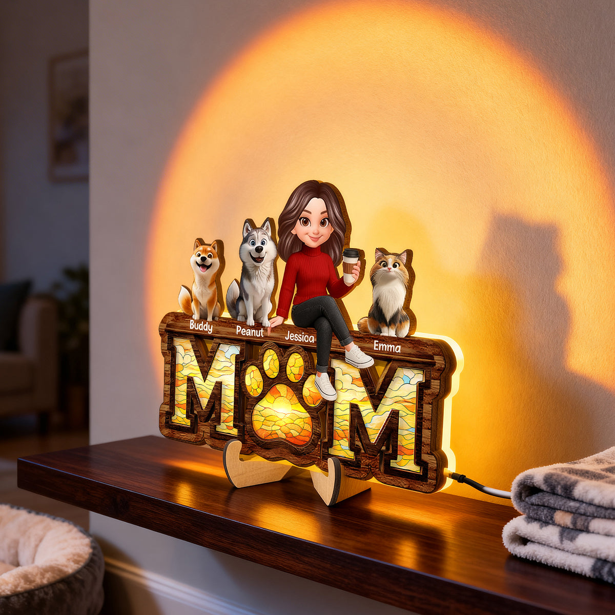 Mom And Dog Cat Paw Sign - Personalized Wooden Frame With LED - Heartfelt Gift For Dog Mom, Cat Mom