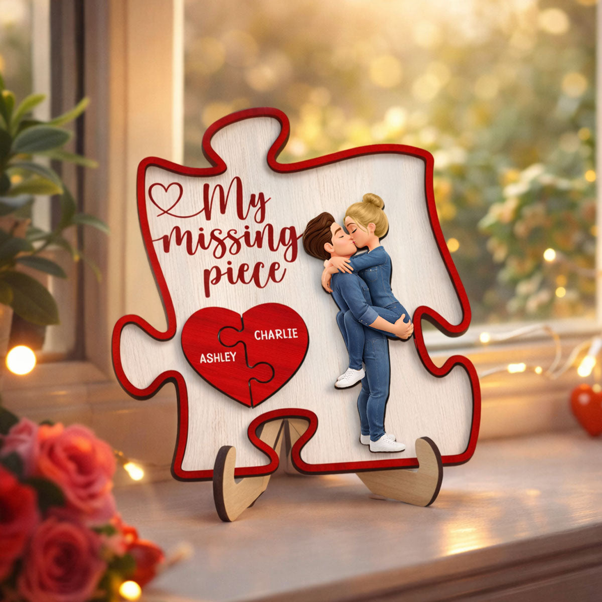 Couple Kissing My Missing Piece Red Puzzle - Personalized 2-Layered Wooden Plaque - Anniversary, Valentine's Day Gift, Gift For Him, Gift For Her