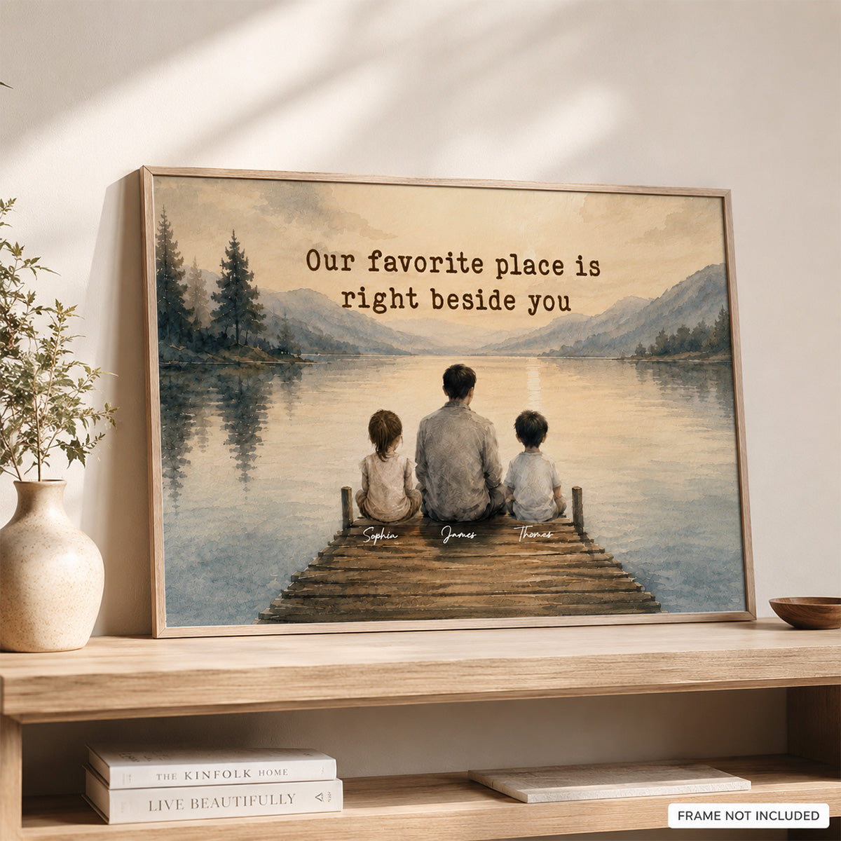 Peaceful Lakeside Dad And Kids Watercolor Style - Personalized Poster