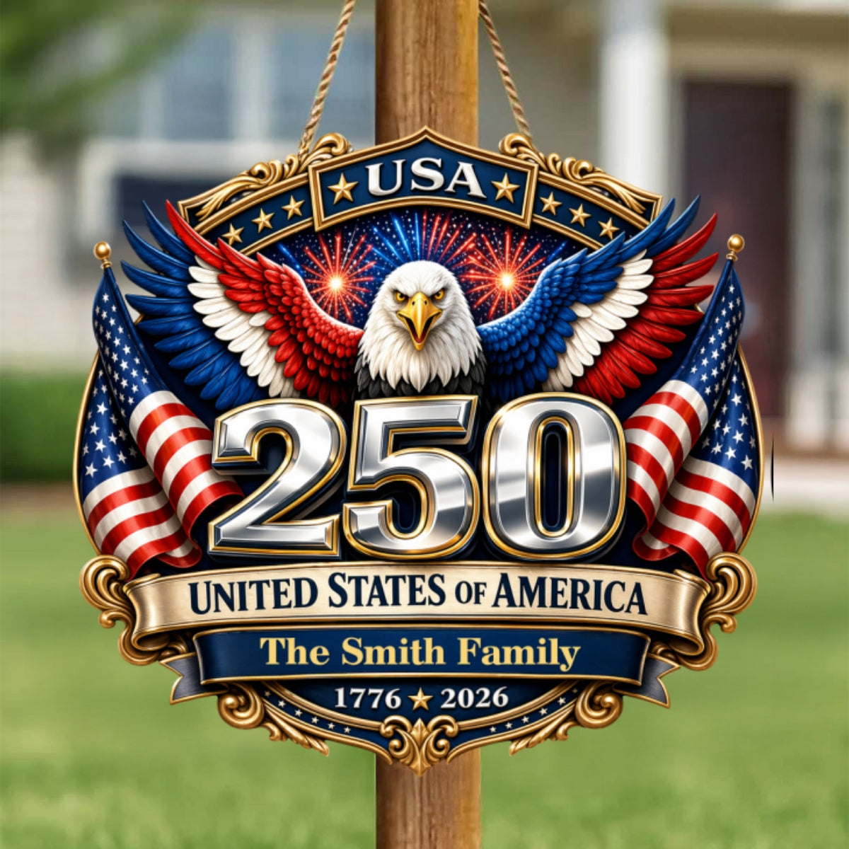 250th Anniversary America Patriotic Eagle - Personalized Wooden Sign - 250 Years of Freedom, Family Decoration