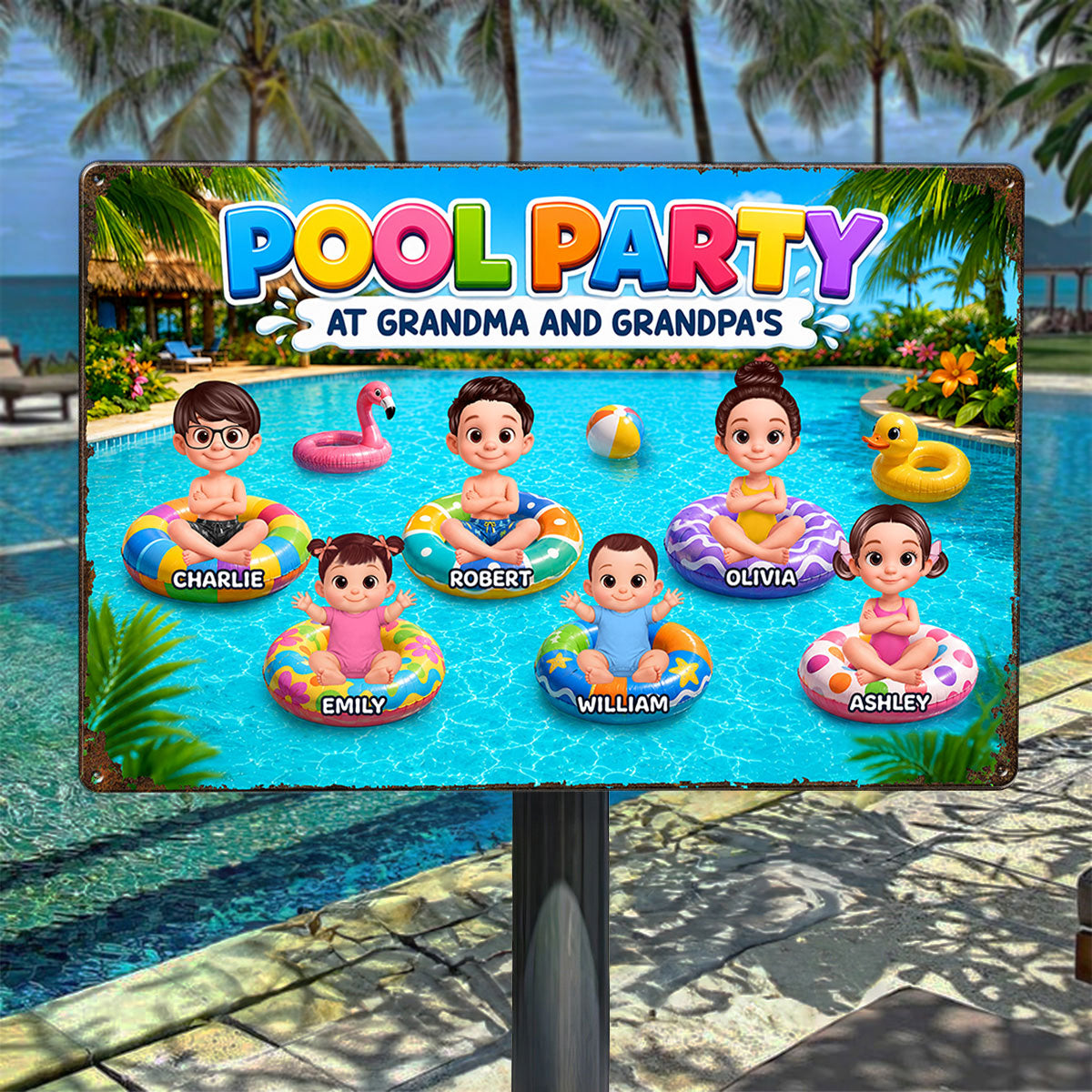 Pool Party At Grandpa Grandma's - Personalized Metal Sign - Gift For Grandparents, Summer Poolside Decoration