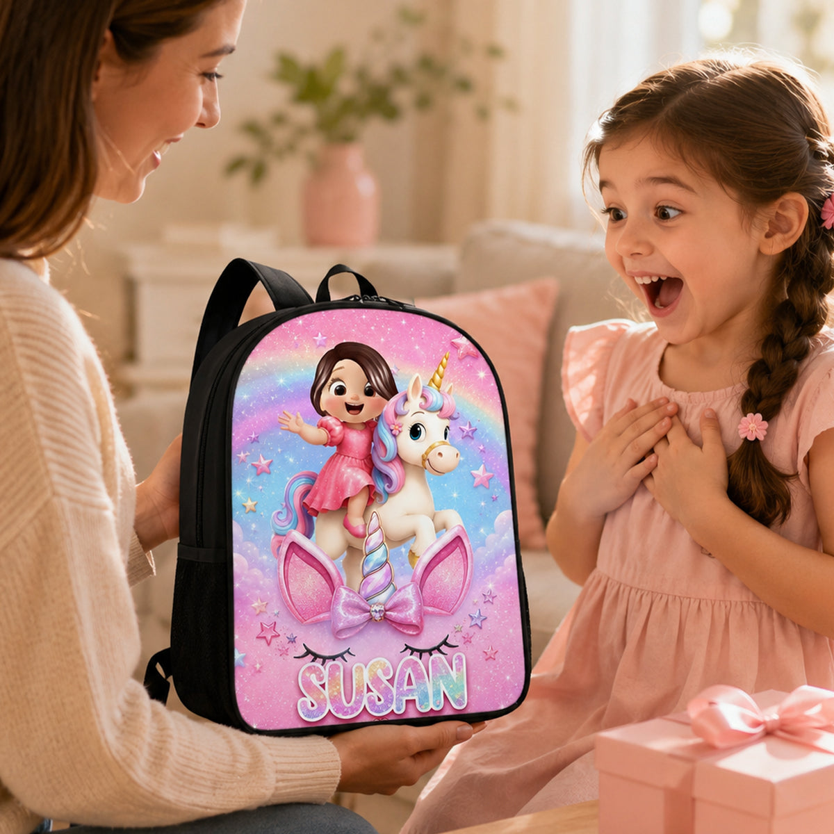 Unicorn Theme Design for Girls - Personalized Backpack - Back to School Gift for Daughters, Granddaughters