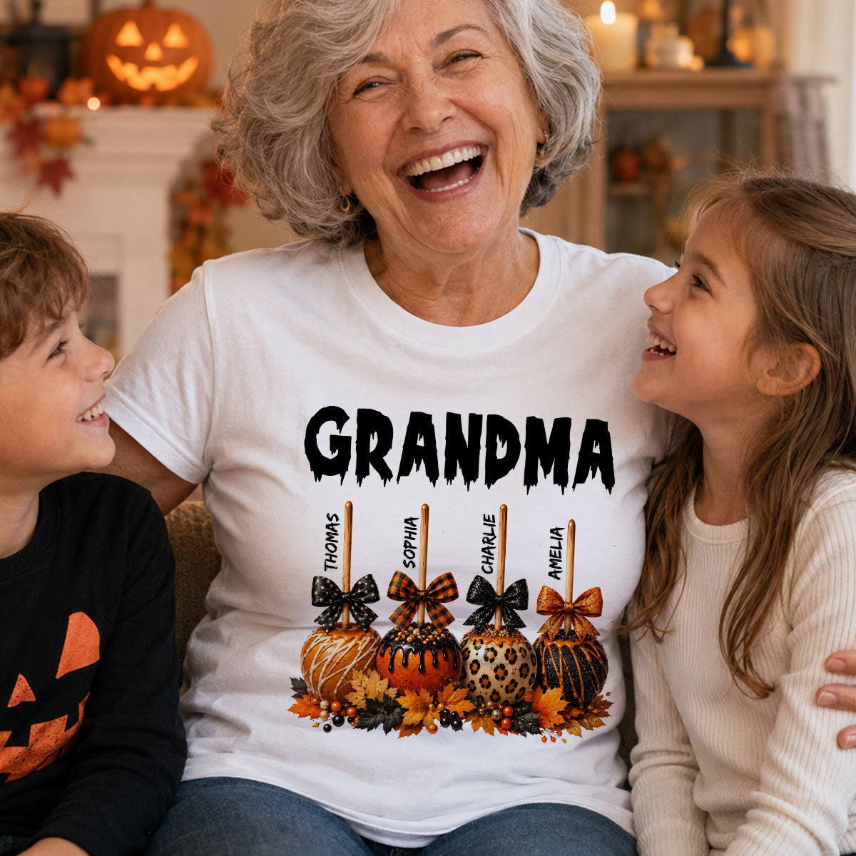 Trending Fall Season Halloween Grandma Fall Caramel Apples Custom Kids Names - Personalized Shirt - Fall Halloween Shirt For Grandma