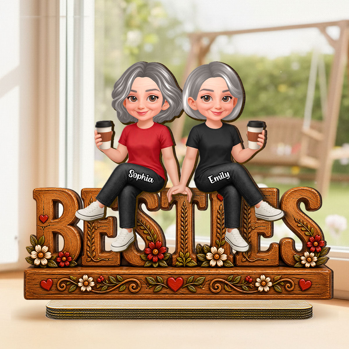 Floral Besties Forever Friends Forever - Personalized 2-Layered Wooden Plaque - Birthday Gift, Keepsake, Gift For Best Friends