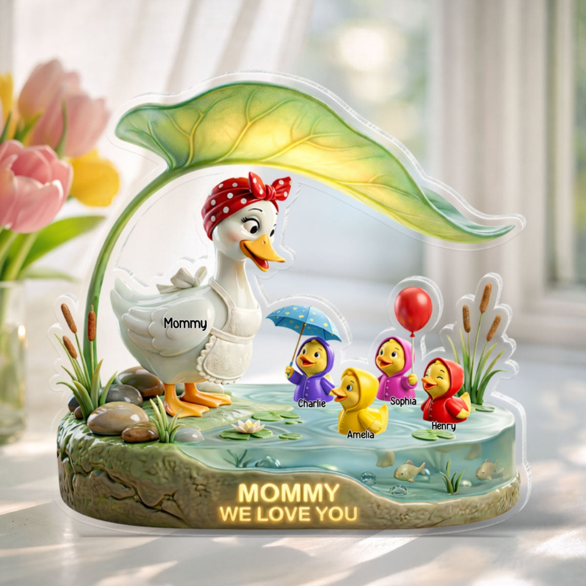 Mother Duck And Little Ducks - Personalized Acrylic Block Plaque - Gift For Mom, Grandma