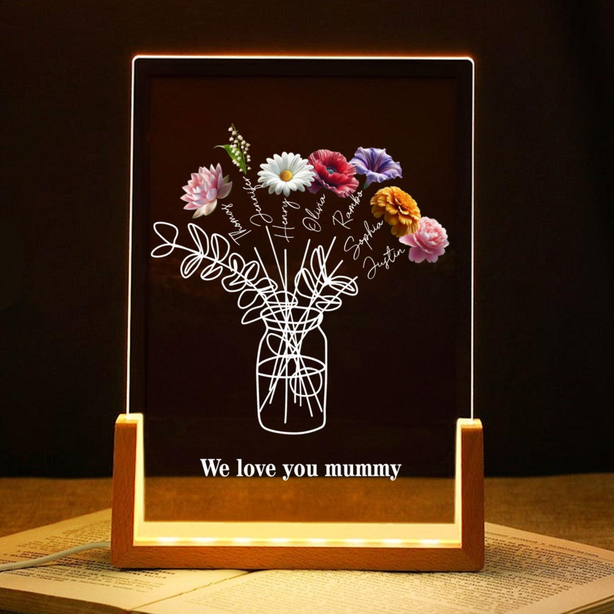 Family Birth Month Flowers Bouquet - Personalized Acrylic Block LED Night Light - Heartfelt Gift For Mom, Grandma