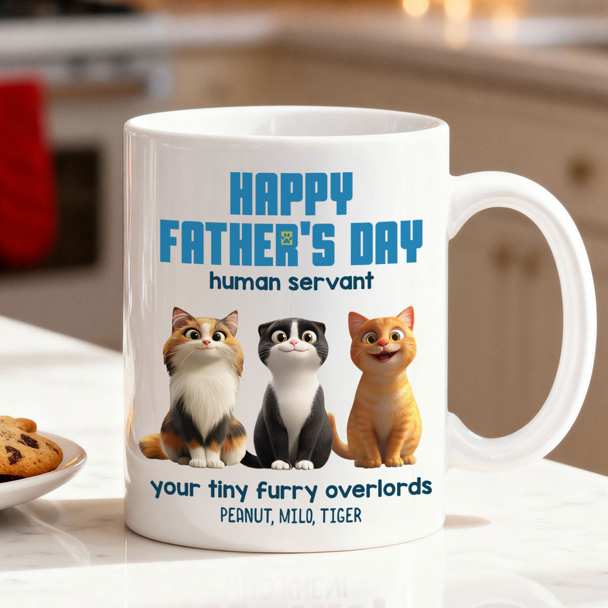 Happy Father's Day Human Servant Cute Fluffy Cats - Personalized Mug - Unique Gift for Cat Dads, Husband