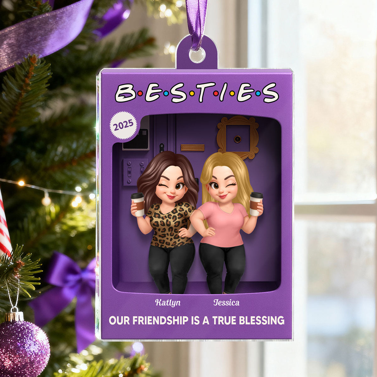 Man Woman Best Friends Purple 3D Effect Toy Box Style - Personalized Acrylic Ornament - Christmas Gift For Friends
