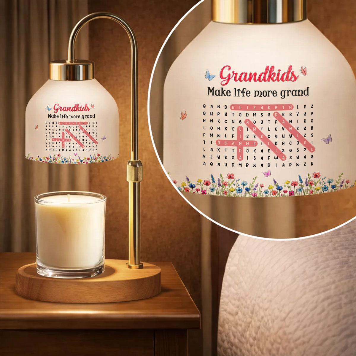 Grandkids Make My Life More Grand Word Search Puzzle - Personalized Candle Warmer Lamp - Mother's Day Gift for Grandma, Mom, Wife