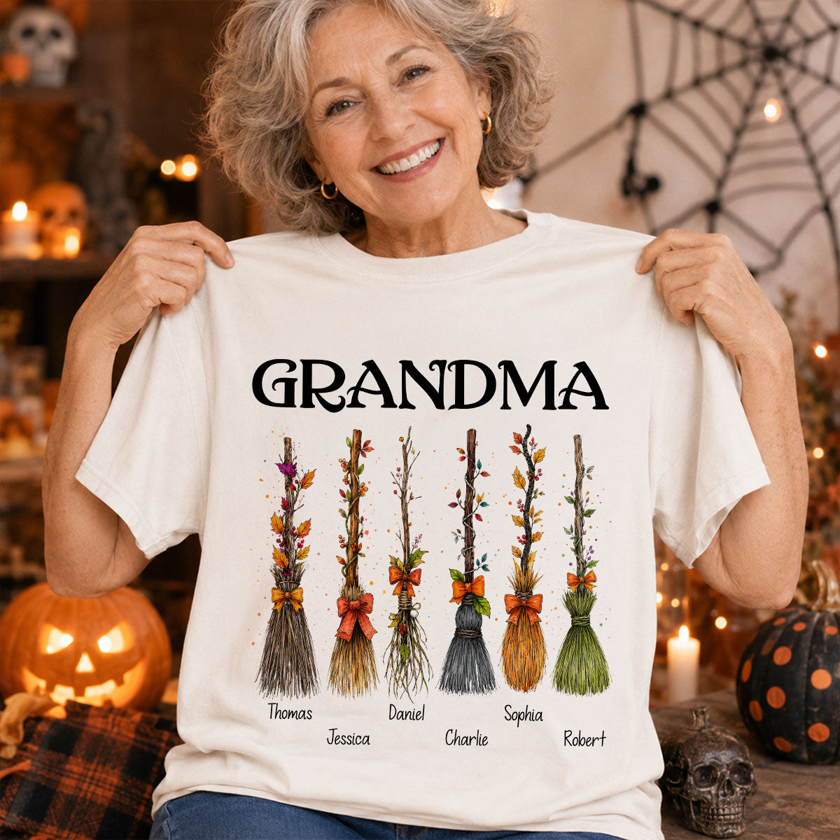 Grandma Witch Beautiful Broomsticks Custom Grandkids Names - Personalized Shirt - Halloween Gift For Grandma
