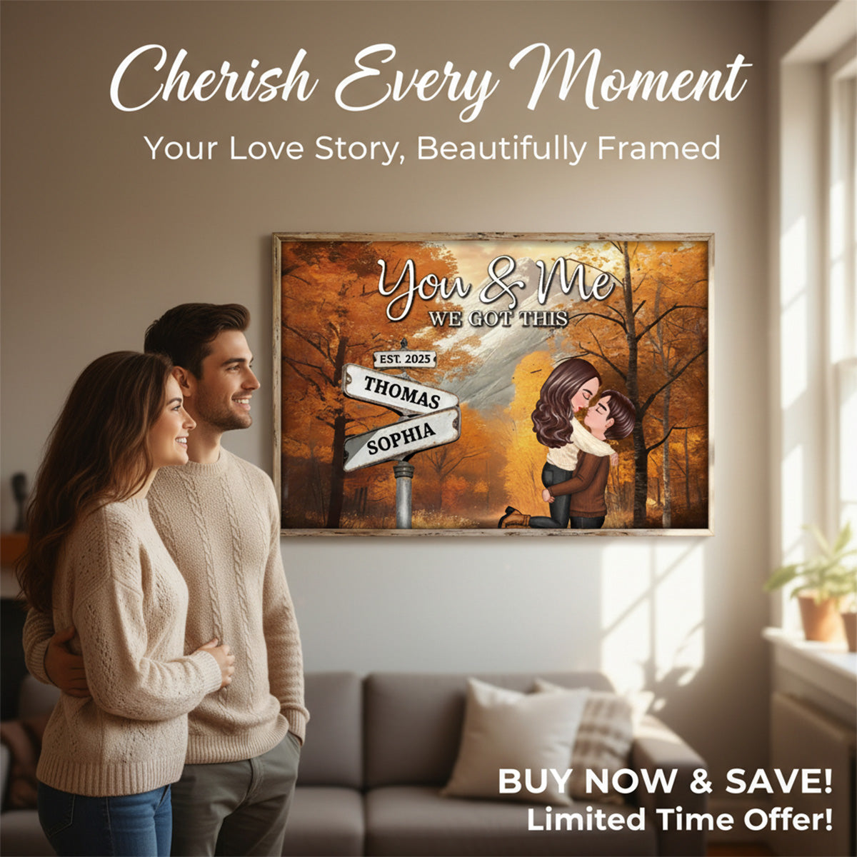 Couple Kissing Crossroads Street Sign Nostalgia Fall Theme - Personalized Poster - Anniversary, Valentine's Day Gift For Couple