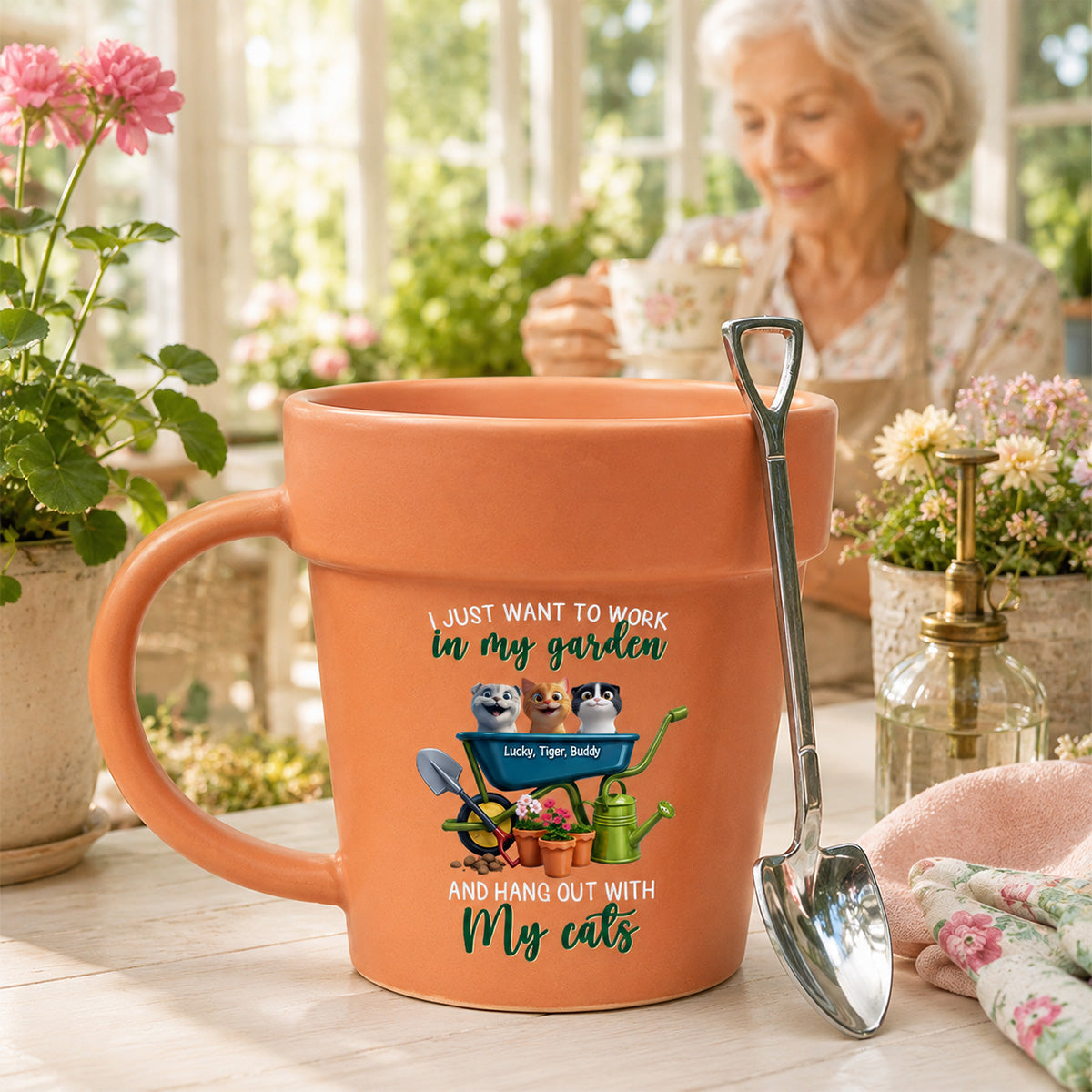 Just Want To Work In My Garden With My Cats - Personalized Plant Pot Ceramic Mug - Gift For Gardening Lovers