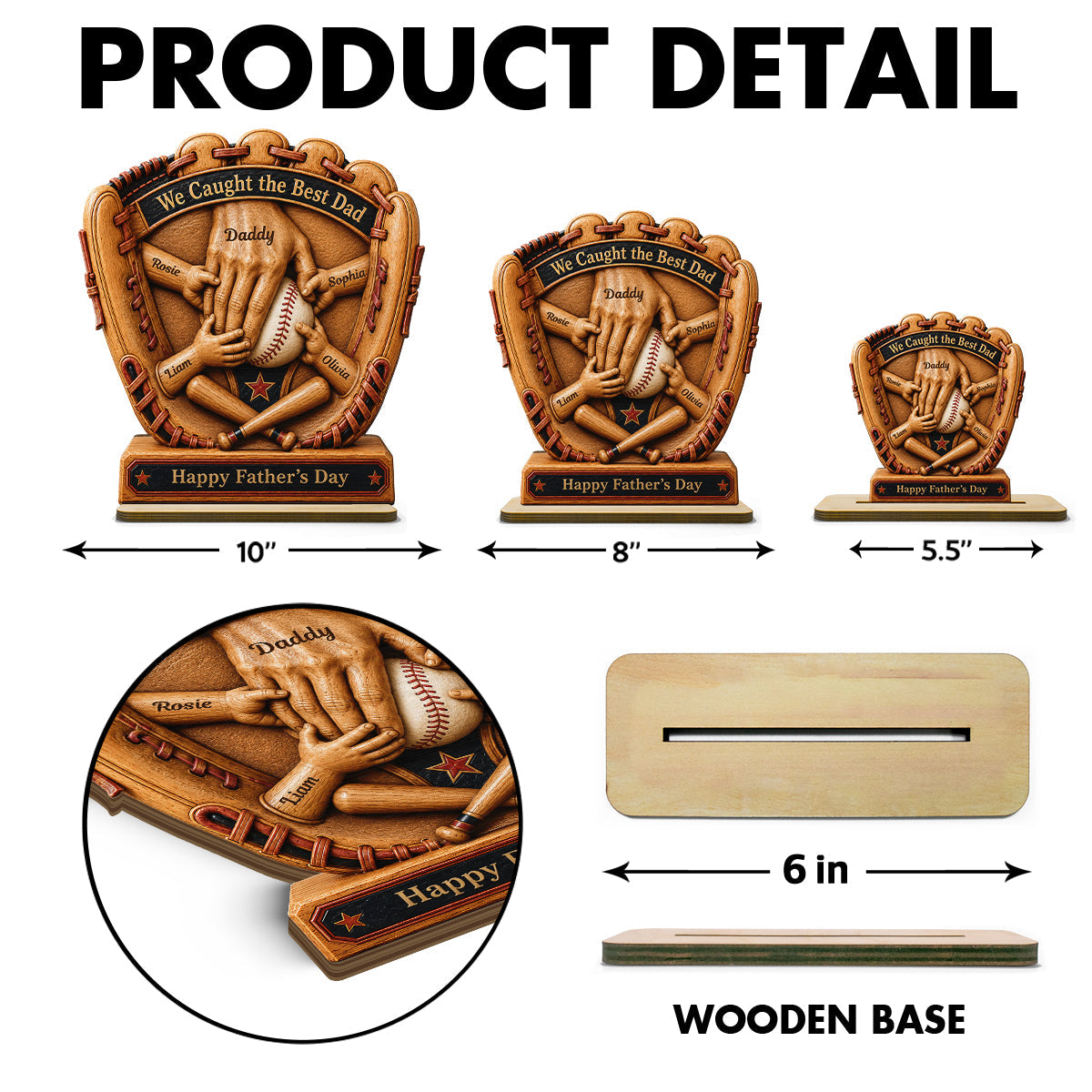Baseball Glove Dad & Kids' Hands - Personalized 2-Layered Wooden Plaque -  Gift For Dad, Husband