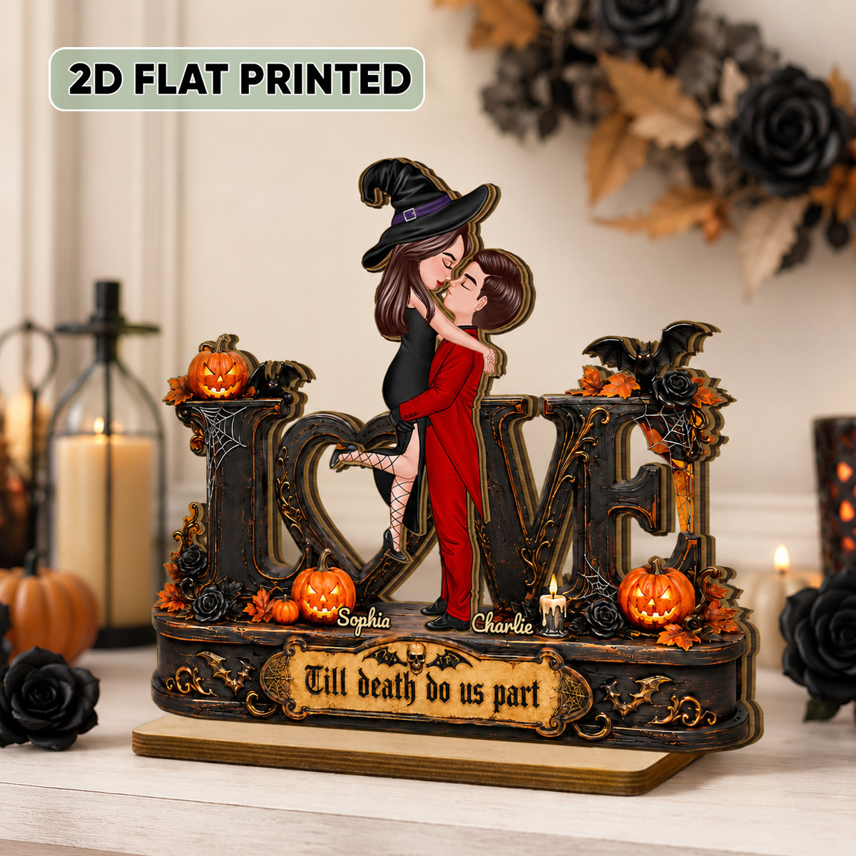 Love Halloween Couple Til Death Do Us Apart - Personalized 2-Layered Wooden Plaque - Halloween Decor Gift, Gift For Couple